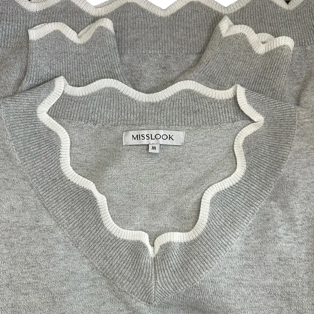 Knitted Wool Gray White Scalloped Neckline Pullover Sweater Misslook Medium - Picture 5 of 14